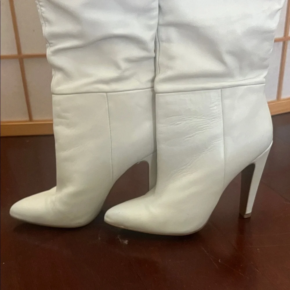White Leather At-the-Knee Stiletto Boots